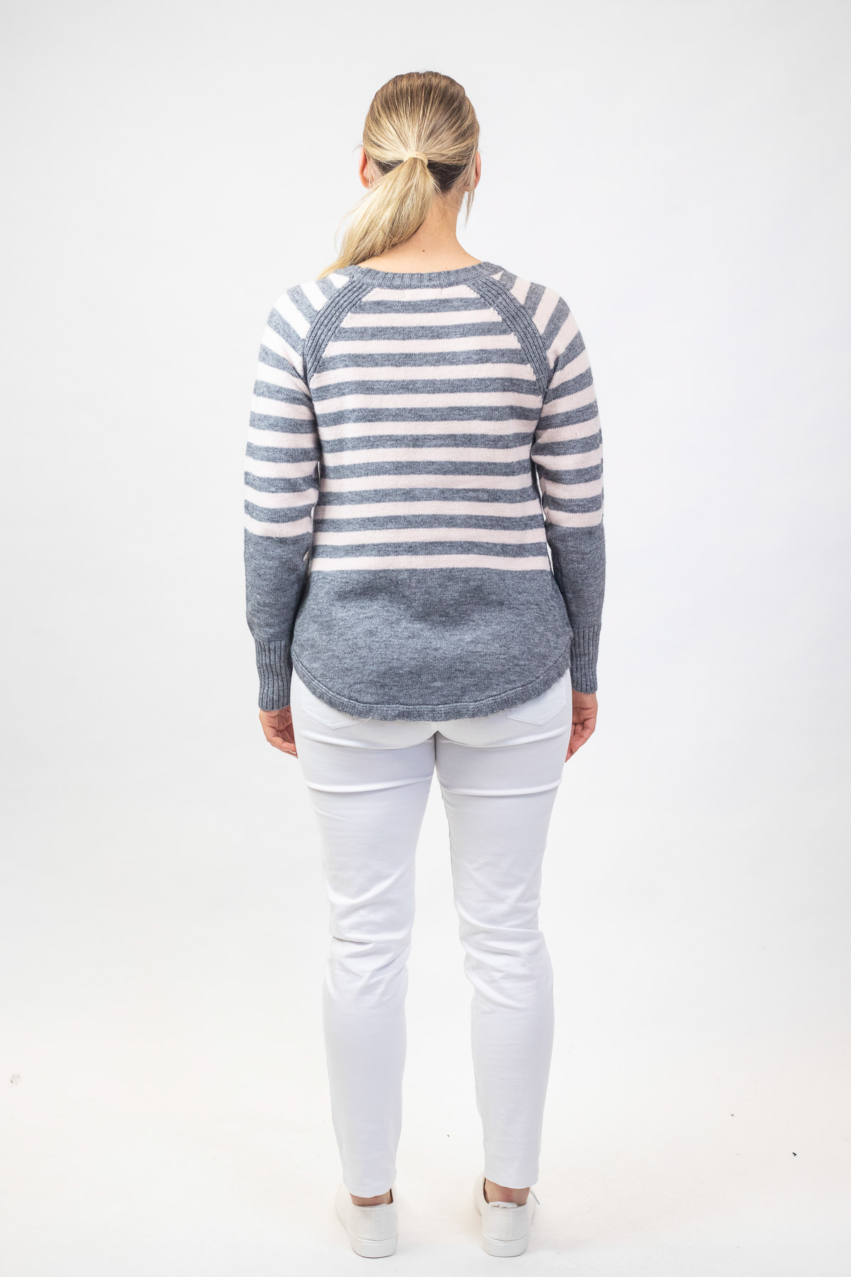 Grey and white striped jumper discount